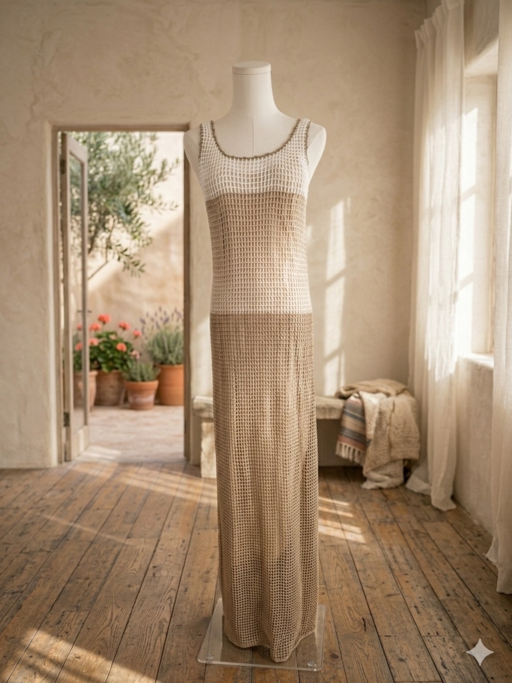 Tommy Bahama 100% Cotton Crochet Colorblock Maxi Dress Tan White Resort Boho Sz